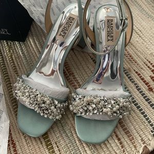 Badgley Mischka Clara Embellished Block Heel Sandals in Blue Radiance, Size 6